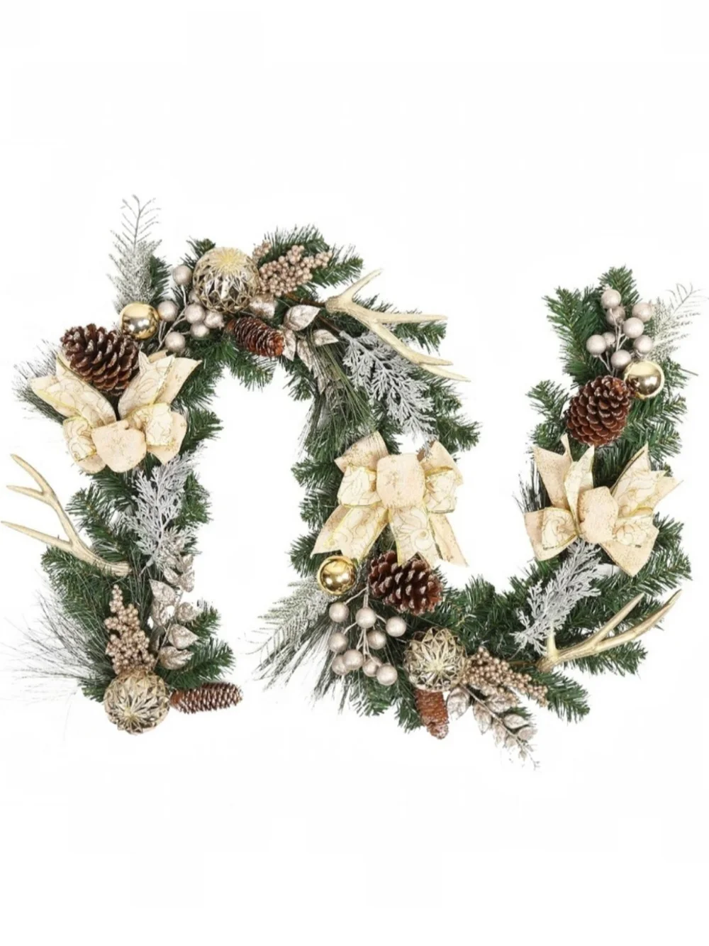 Elegant Gold & Pine Holiday Garland with Bows and Lights. 6 Feet. NEW.